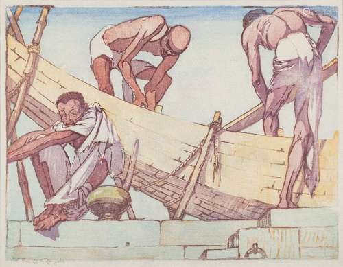 Mabel Alington Royds [1874-1941]- Boat-builders,:- woodcut in colours,