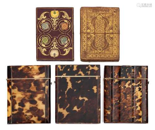 A group of three 19th century tortoiseshell card cases and two tooled leather card cases: 9.5-10.