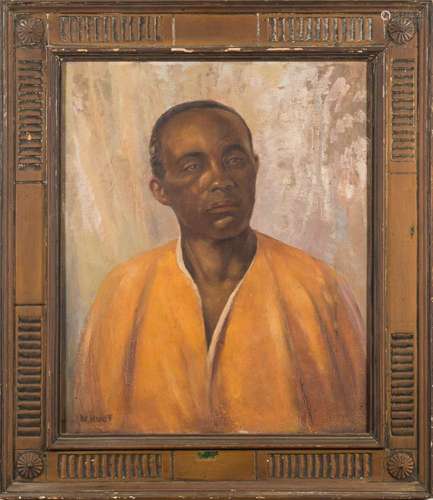 British School early 20th Century- Portrait of a man, head and shoulders wearing an orange smock,