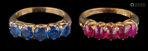 A gold and sapphire five-stone half-hoop ring: and a cabochon ruby five-stone ring,