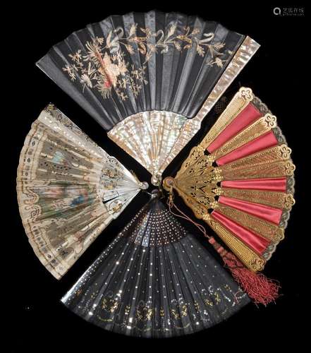 A 19th century mother of pearl and machine lace fan: the leaf with central printed cartouche of a