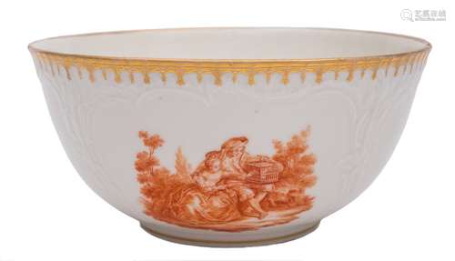 A Berlin porcelain bowl: painted in Eisenrot with vignettes of romantic landscape scenes after