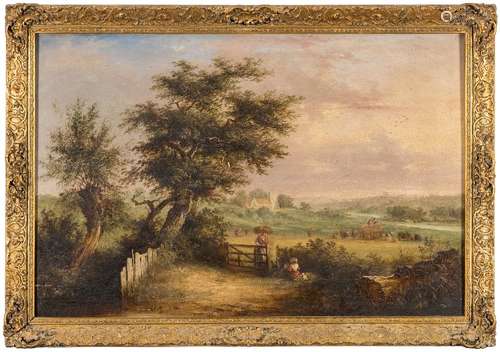 Circle of Henry John Boddington [19th Century]- An extensive rural landscape, figures, haymakers,