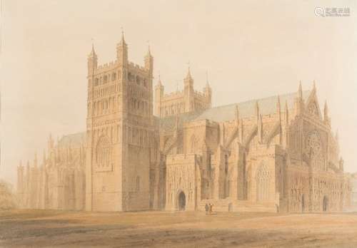 John Chessell Buckler [1793-1894]- Exeter Cathedral,:- watercolour 45 x64cm.