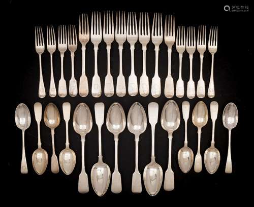 Six silver fiddle pattern table spoons, various makers and dates: crested,