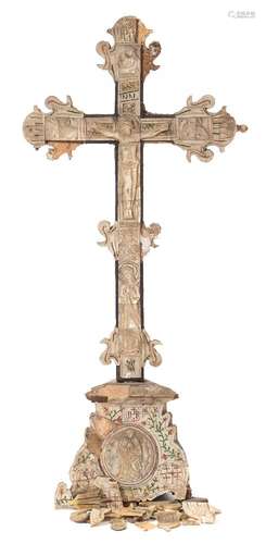 A 19th century Continental mother-of-pearl crucifix: carved in low relief ,