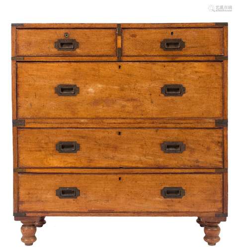 A 19th Century mahogany and brass bound military chest:, in two parts,