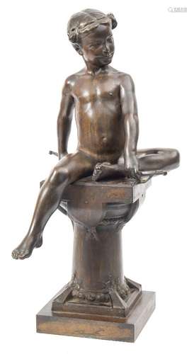 After Max Blondat (1872-1925) 'L'amour': A bronze study of a youth seated on a bow,