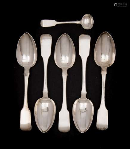 A set of five William IV provincial silver dessert spoons, maker William Woodman, Exeter,