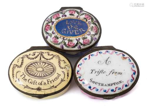 A group of three English enamel oval patch boxes: 'A Trifle from Southampton',