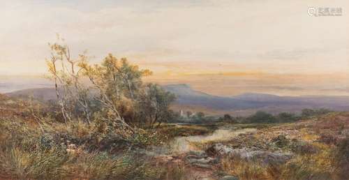 William Widgery [1822-1893]- Dartmoor Sunset, view to a fisherman and village beyond,:- signed,