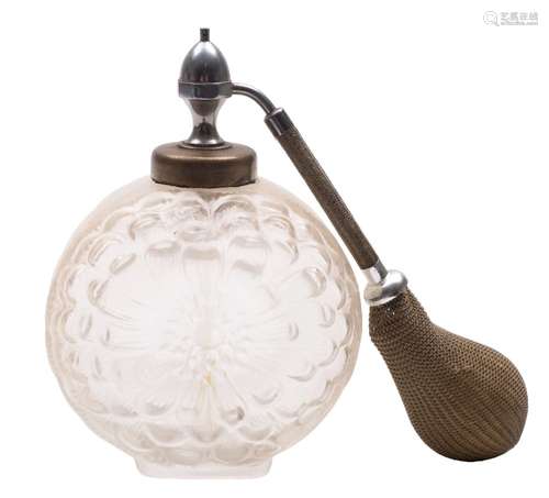 A Lalique glass perfume atomiser 'Dahlia': each side moulded with a Dahlia flower head,