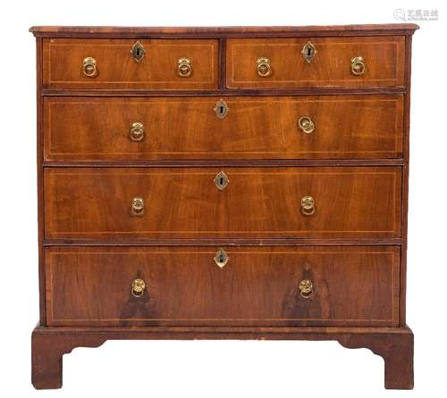 An 18th Century walnut veneer, crossbanded and inlaid rectangular chest:, with beechwood sides,