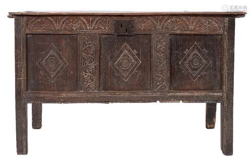 An 18th Century carved oak rectangular coffer:, with a plain hinged moulded top,