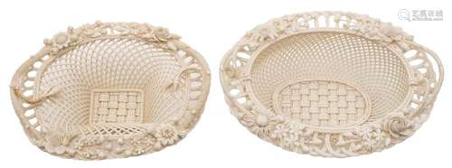 Two Belleek baskets: of oval four-stand form with traditional latticework applied with twig handles