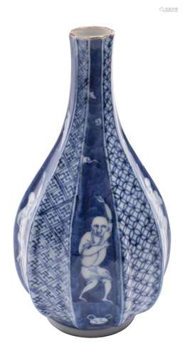 A Japanese blue and white bottle vase: of lobed decagonal pear shape,