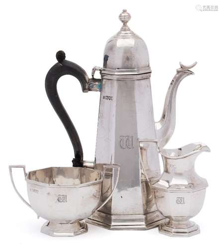 A George V silver three-piece coffee service, maker Thomas Bradbury & Sons Ltd, London,