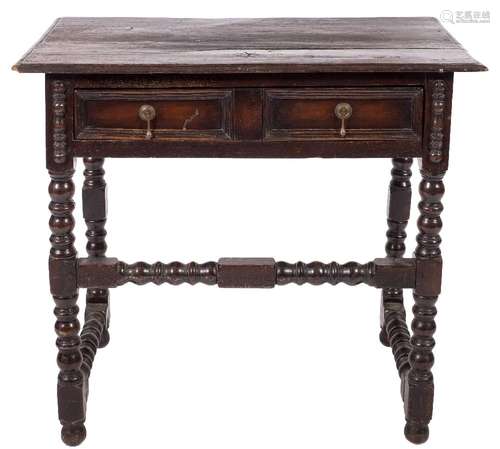 An oak rectangular side table in the 17th Century taste:, the top with a moulded edge,