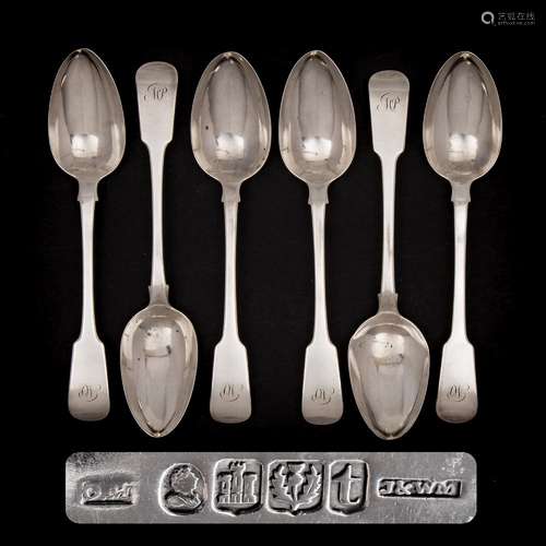 A set of six George IV Scottish silver fiddle pattern table spoons, maker James & Walter Marshall,