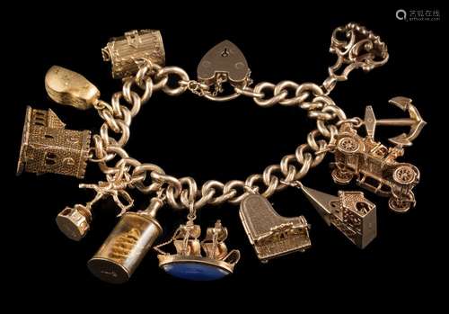 A 9ct gold curb-link charm bracelet: with eleven attached charms including a 'ship in a bottle',