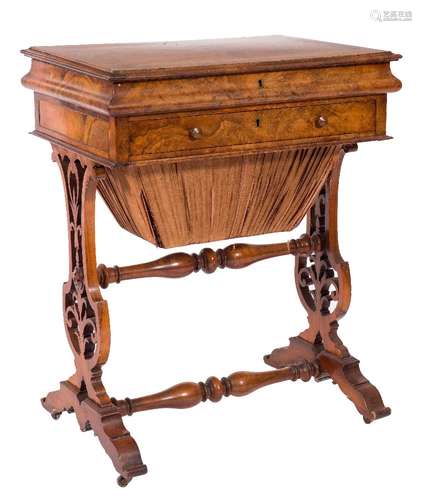 A lady's Victorian burr figured walnut veneer combined writing desk and work table:,