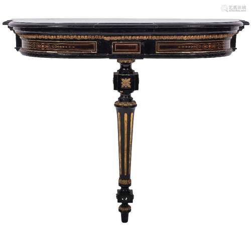 A Victorian ebonised and partly gilt inlaid pier table:, of D-shaped broken outline,