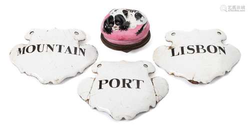 A Bilston enamel dog's head patch box and a set of three black on white enamel Port/Lisbon/Mountain