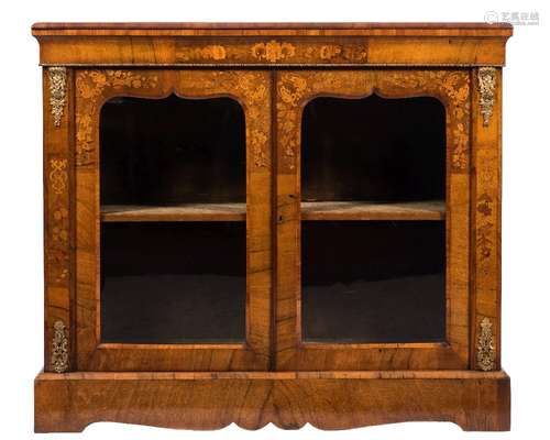 A pair of Victorian walnut, floral marquetry and gilt metal mounted low display cabinets:,