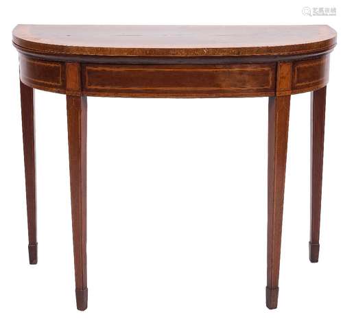 An early 19th Century mahogany and inlaid card table:, of D shaped outline,