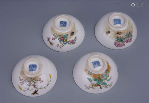 FOUR CHINESE PORCELAIN ENAMEL BIRD AND FLOWER BOWLS