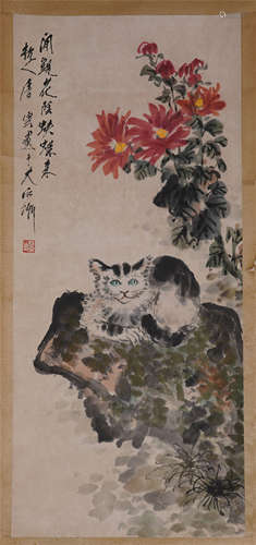 CHINESE SCROLL PAINTING OF CAT ON ROCK