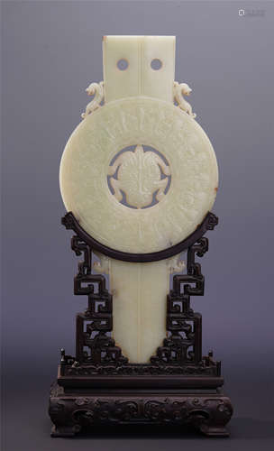 CHINESE WHITE JADE BI DISK ON ROSEWOOD STAND