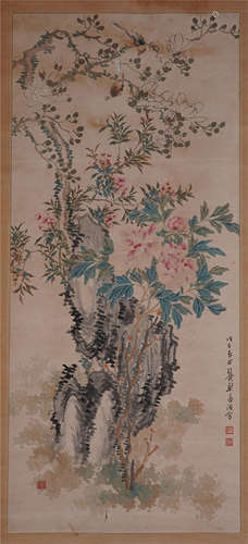 CHINESE SCROLL PAINTING OF FLOWER AND ROCK