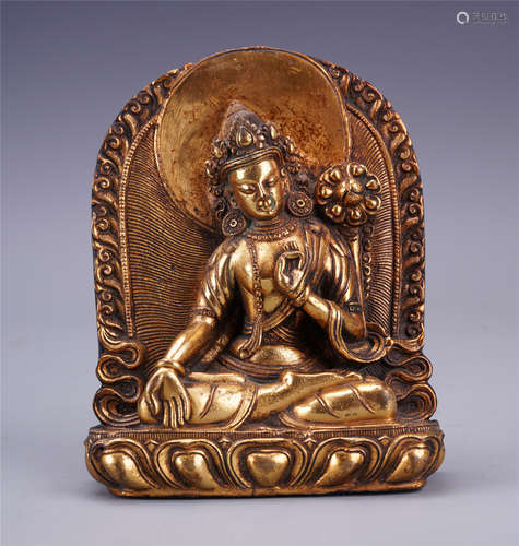 TIBETAN GILT BRONZE SEATED TARA WITH LOTUS