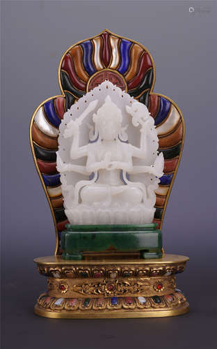 CHINESE JADE SEATED GUANYIN ON GEM STONE INLAID GILT BRONZE STAND