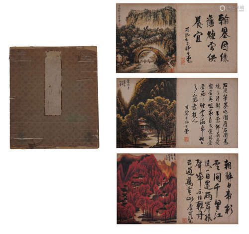 TWEELVE PAGES OF CHINESE ALBUM PAINTING OF MOUNTAIN VIEWS WITH CALLIGRAPHY