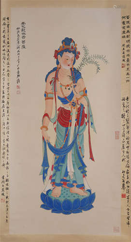 CHINESE SCROLL PAINTING OF STANDING GUANYIN WITH CALLIGRAPHY