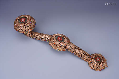 CHINESE GEM STONE INLAID GILT BRONZE RUYI SCEPTER