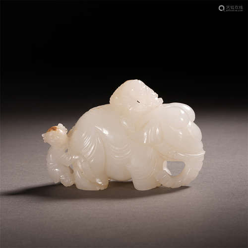 CHINESE WHITE JADE ELEPHANT AND BOY TABLE ITEM