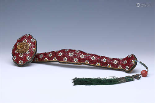 CHINESE GEM STONE INLAID GILT BRONZE RUYI SCEPTER