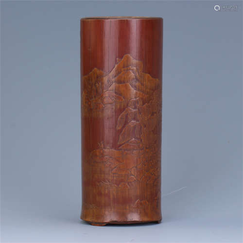 CHINESE BAMBOO CARVED MOUNTAIN VIEWS BRUSH POT