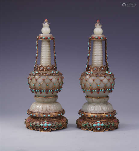 PAIR OF CHINESE GEM STONE INLAID JADE BUDDHIST TOWER ON GILT SILVER BASE