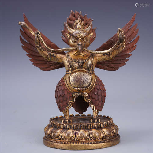 TIBETAN GILT BRONZE STANDING BUDDHIST GUARDIAN