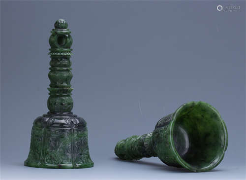 PAIR OF CHINESE SPINACH JADE BUDDHIST BELLS