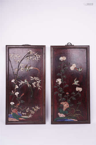 FOUR PANELS OF CHINESE GEM STONE INLAID LACQUER WALL SCREENS