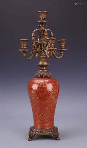 CHINESE PORCELAIN RED GLAZE GOLD PAINTED VASE MOUNTED AS CANDLE HOLDER