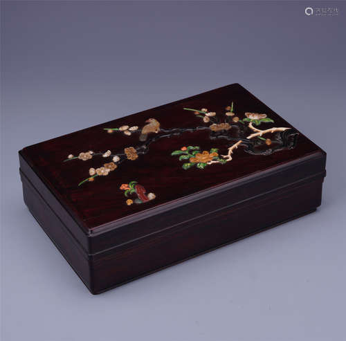 CHINESE GEM STONE INLAID HARDWOOD ZITAN CASE