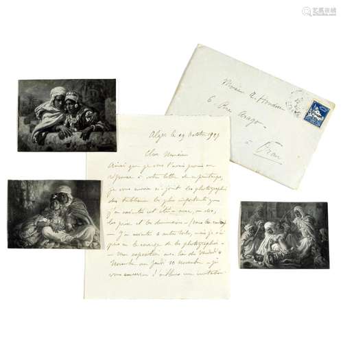 LETTRE D'ÉTIENNE DINET DATÉE DU 19OCTOBRE 1927 AVEC TROIS PHOTOGRAPHIES DE TABLEAUX EN ANNEXE