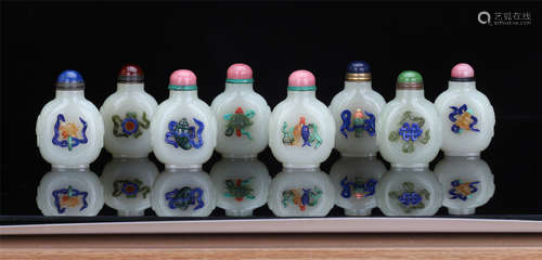 EIGHT CHINESE GEM STONE INLAID CELADON JADE SNUFF BOTTLES