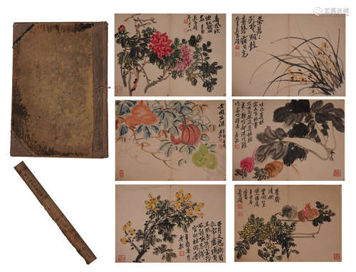 FORTEEN PAGES OF CHINESE ALBUM PAINTING OF FLOWER WITH CALLIGRAPHY